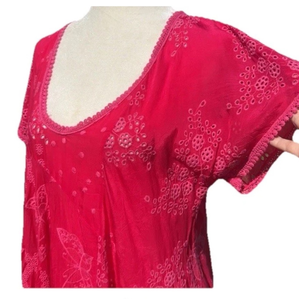 John Was Embroidered Butterfly Fuchsia PinkEyelet Short Sleeve Tunic Top Dress - Picture 6 of 10